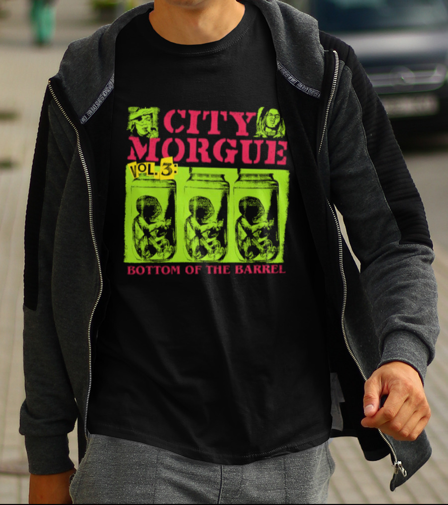 City Morgue Bottom Of The Barrel Green Neon Skeleton Illustrations T-Shirt