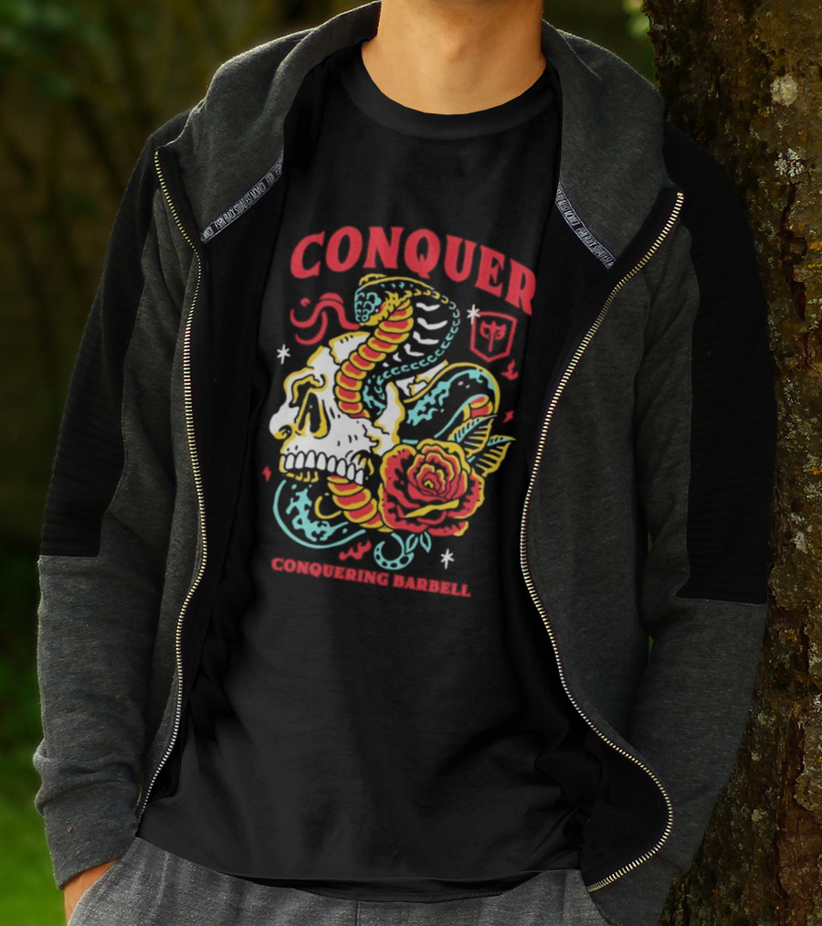 Conquer Skull Snake Rose Conquering Barbell T-Shirt