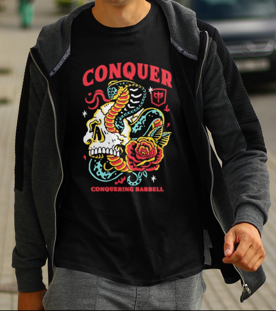 Conquer Skull Snake Rose Conquering Barbell T-Shirt