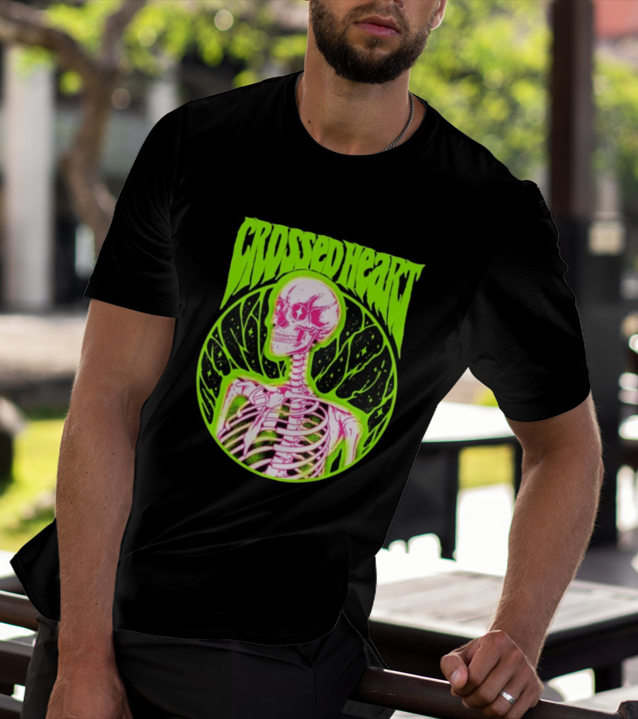 Crossed Heart Skeleton Neon Illustration T-Shirt