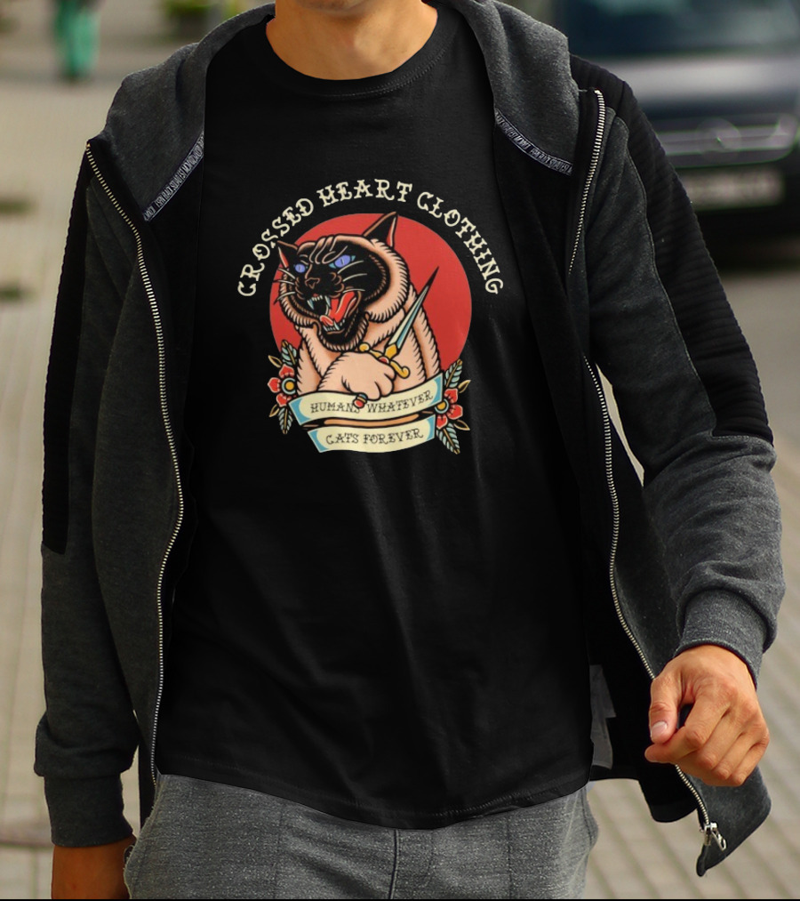 Crossed Heart Clothing Human Whatever Cats Forever Knife T-Shirt
