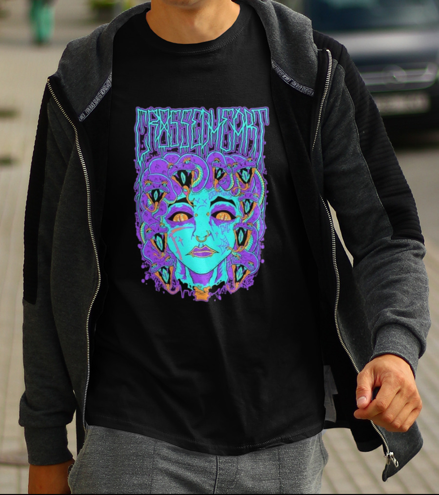 Crossed Heart Neon Medusa Snakes T-Shirt
