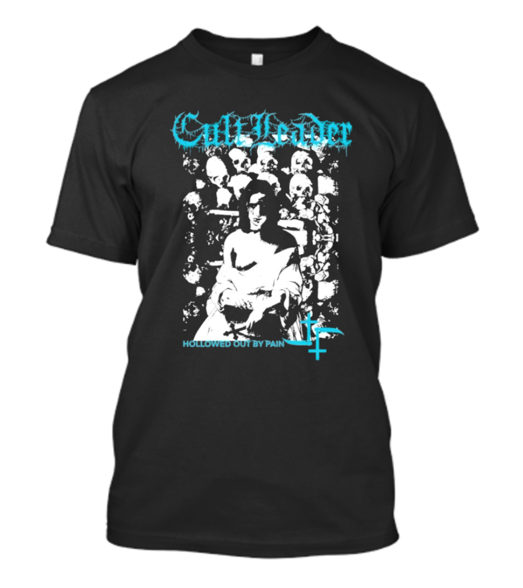 Cult Leader Hollowed Out By Pain Distorted Portrait With Inverted Cross Symbol T-Shirt