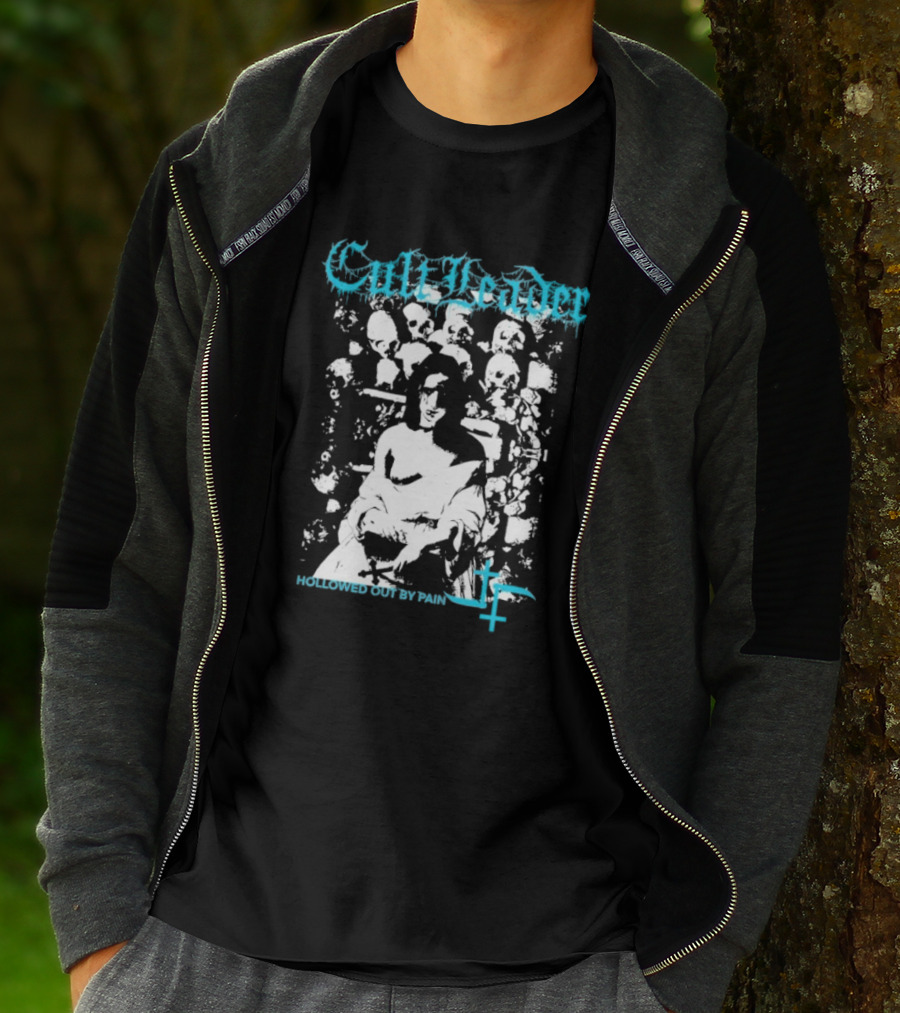 Cult Leader Hollowed Out By Pain Distorted Portrait With Inverted Cross Symbol T-Shirt