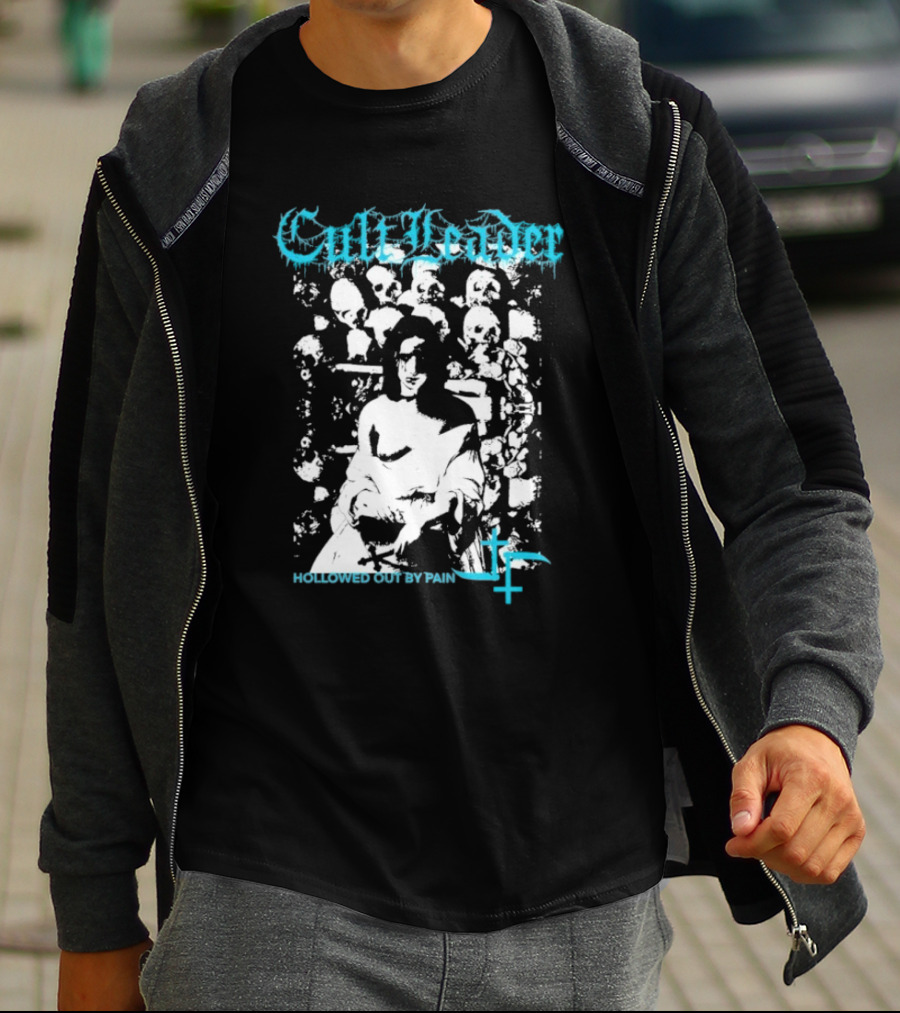 Cult Leader Hollowed Out By Pain Distorted Portrait With Inverted Cross Symbol T-Shirt