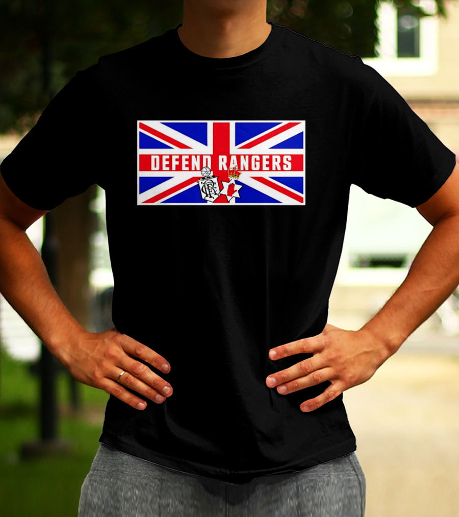 Defend Rangers Union Flag With FCRF Crest And Red Hand Of Ulster T-Shirt
