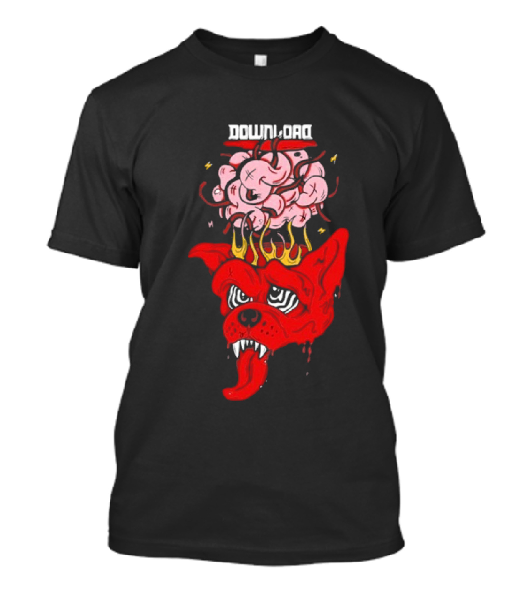 Download Festival Brain Explosion Red Dog Flames Quirky Cartoon Style T-Shirt