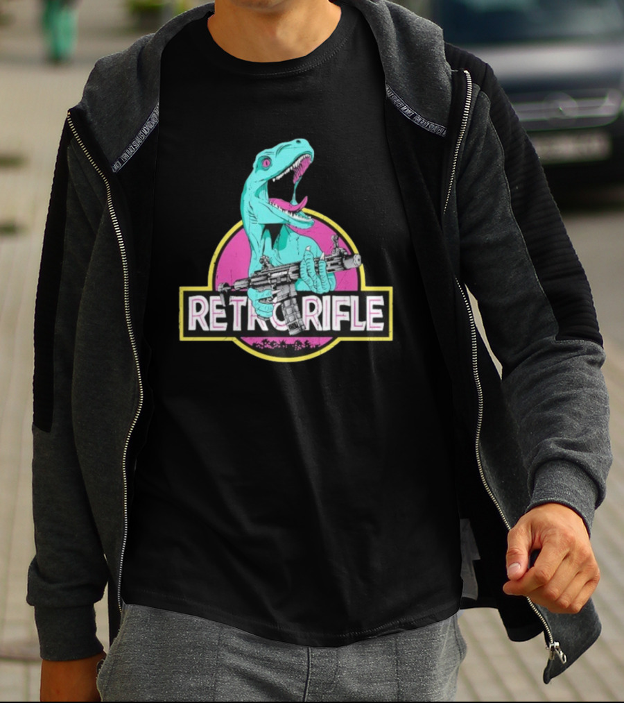Retro Rifle Dinosaur Holding Gun Vintage Style T-Shirt