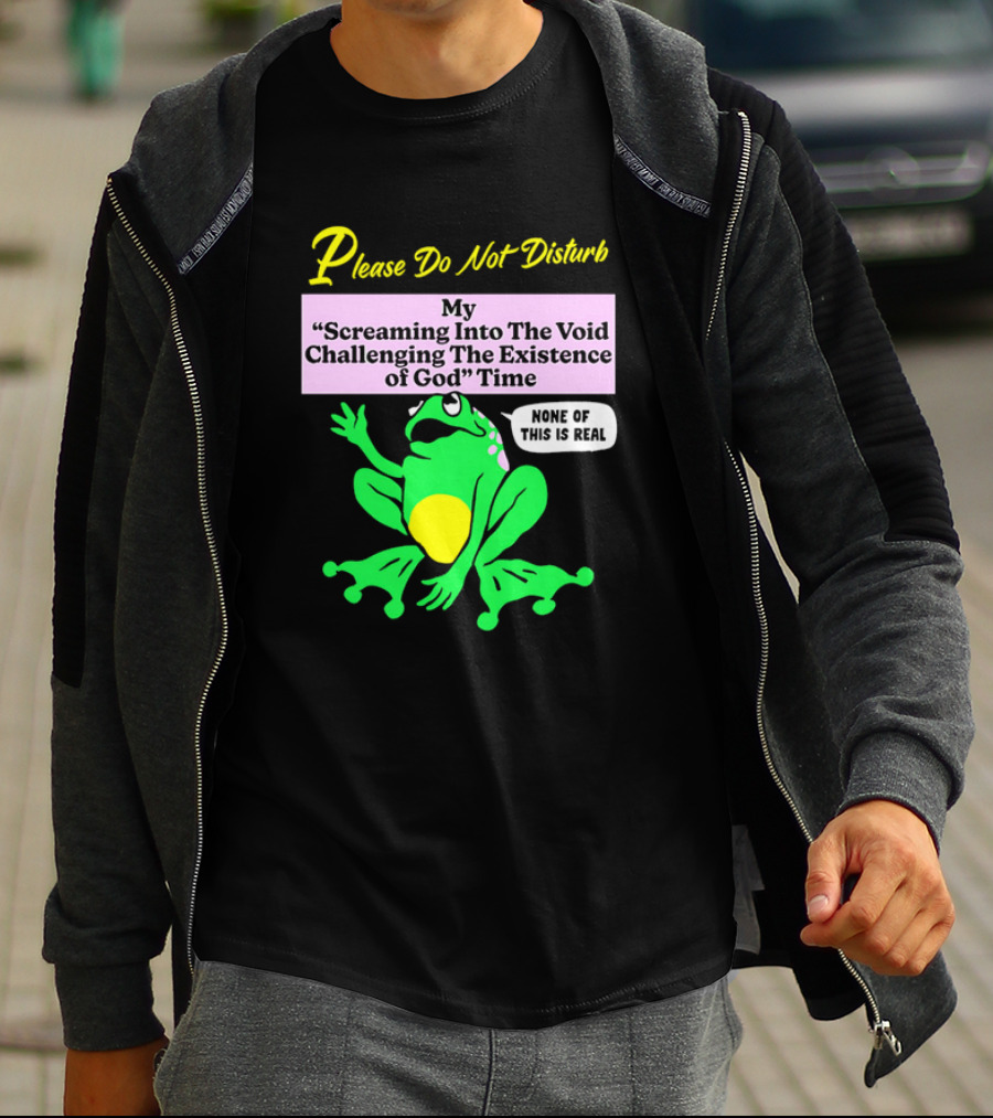 Please Do Not Disturb My Screaming Into The Void Challenging The Existence Of God Time None Of This Is Real Frog T-Shirt