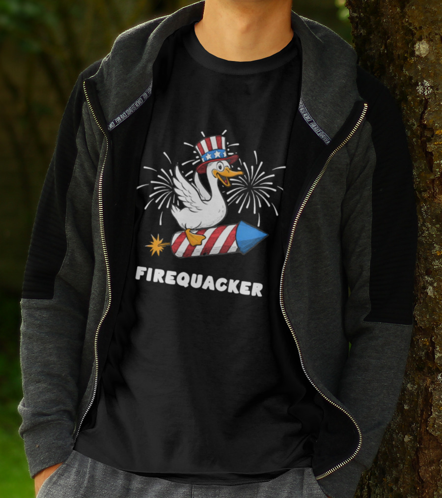Firequacker Patriotic Duck With Rocket And Fireworks T-Shirt