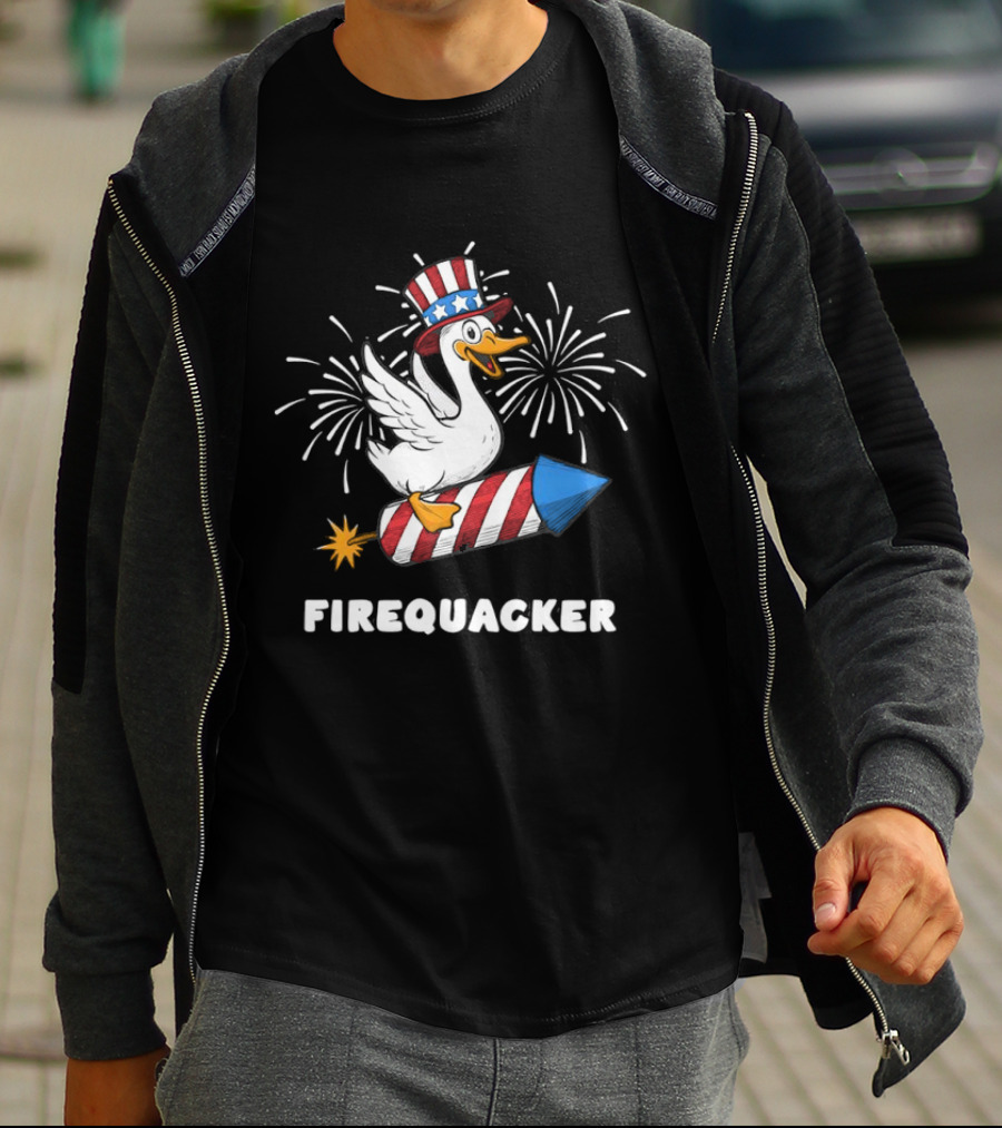 Firequacker Patriotic Duck With Rocket And Fireworks T-Shirt