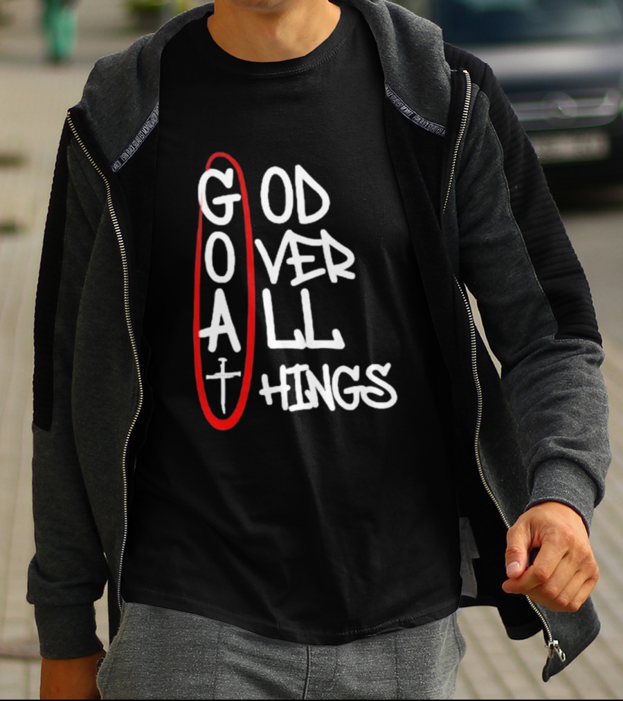 GOAT God Over All Things Sword Cross Graphic Red Oval T-Shirt
