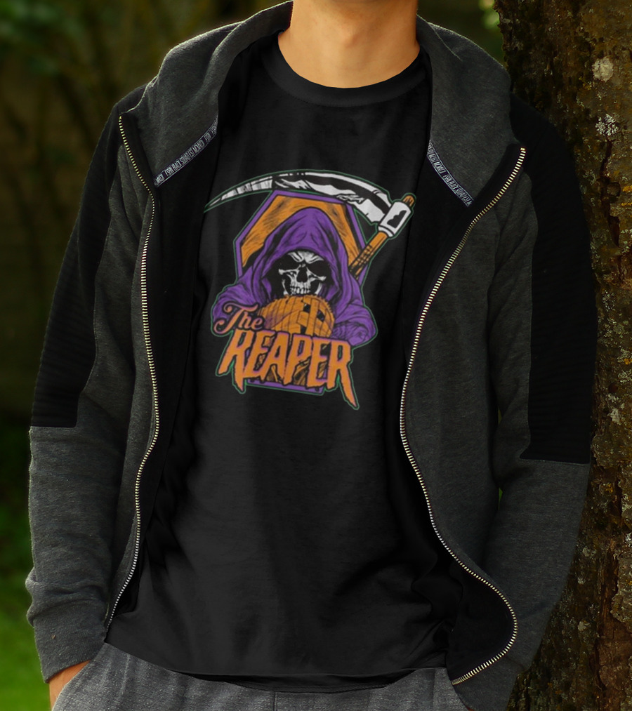 American Gothic Style Skull With Scythe Reaper Hooded Figure T-Shirt