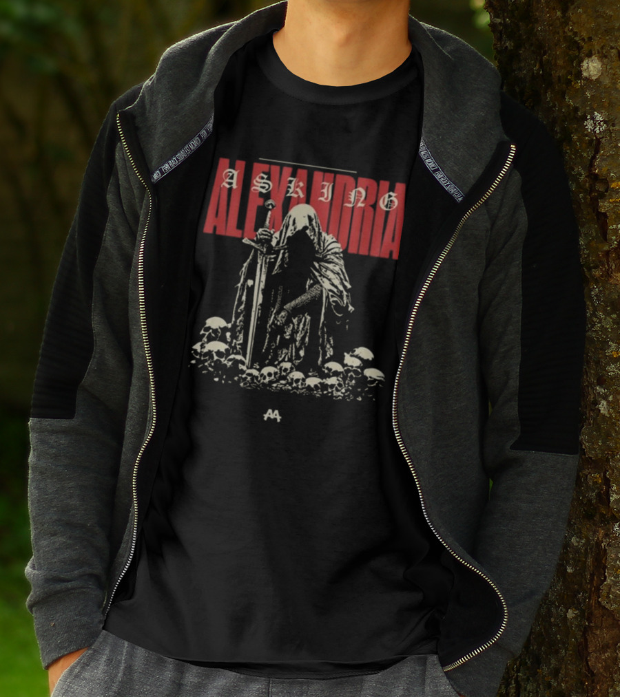 Asking Alexandria Skeleton Cloaked Figure With Sword Among Skulls T-Shirt