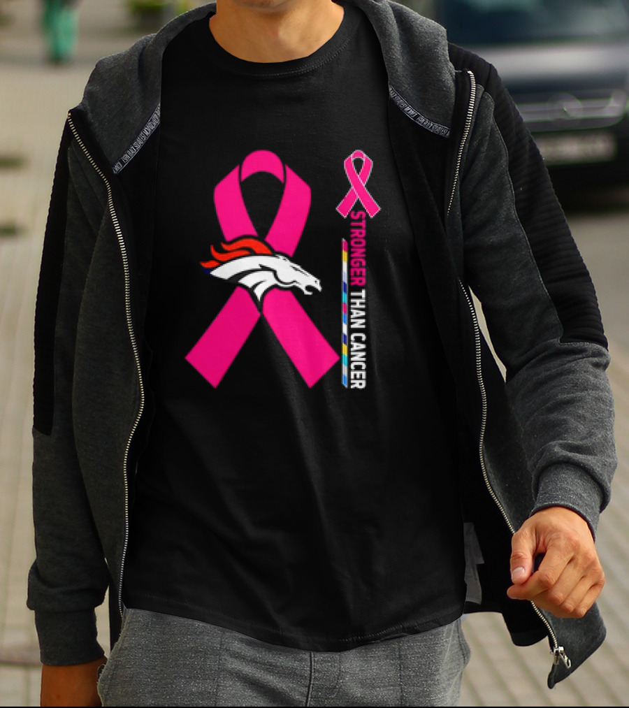 Denver Broncos Pink Ribbon Stronger Than Cancer Awareness T-Shirt