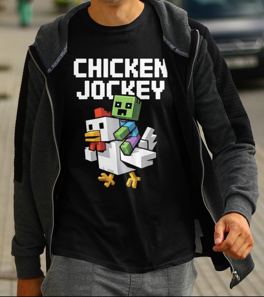 CHICKEN JOCKEY Pixelated Green Zombie Riding White Chicken T-Shirt