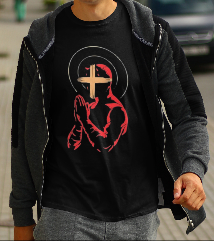 Red Praying Figure With Halo And Cross Conviction T-Shirt