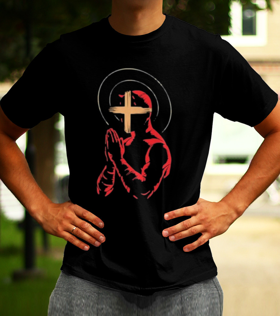 Red Praying Figure With Halo And Cross Conviction T-Shirt