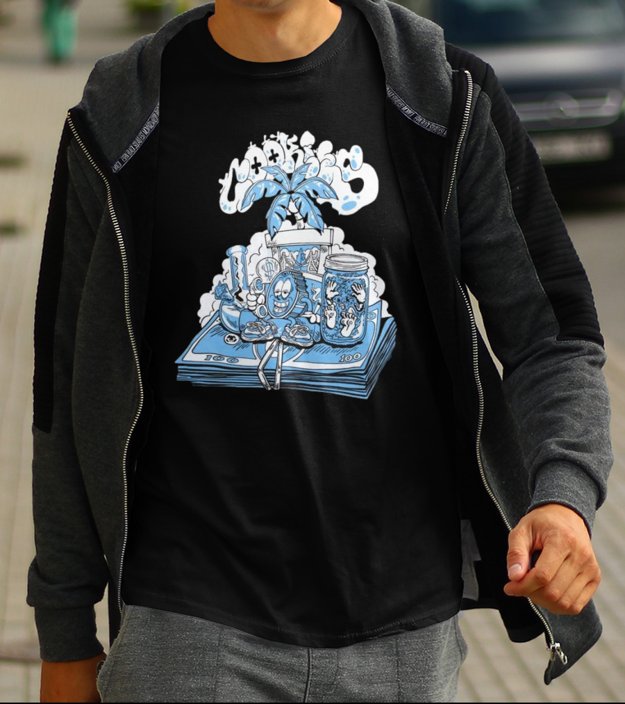 Cookiessf Laid Back Smoking Character With Money And Marijuana Elements T-Shirt