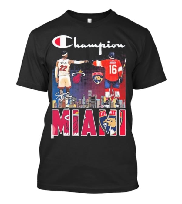 Champion Miami Skyline Signatures 22 Jimmy Butler 16 Aleksander Barkov Sports T-Shirt