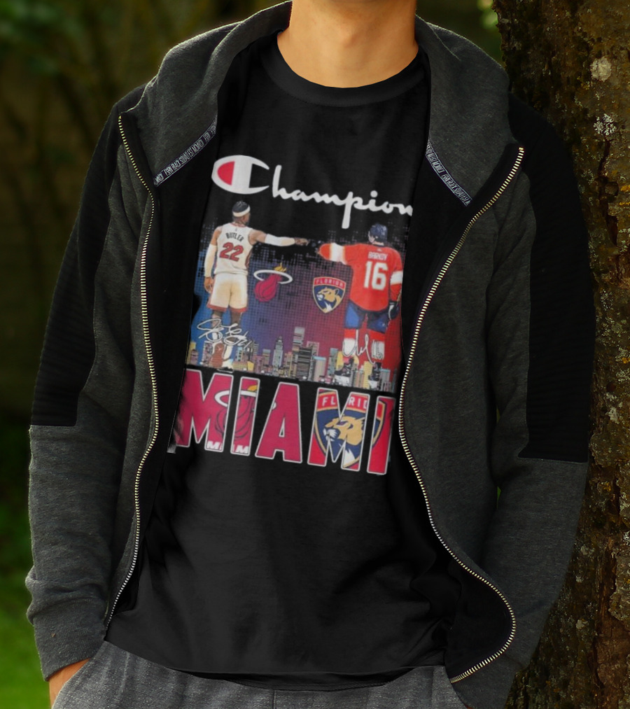 Champion Miami Skyline Signatures 22 Jimmy Butler 16 Aleksander Barkov Sports T-Shirt