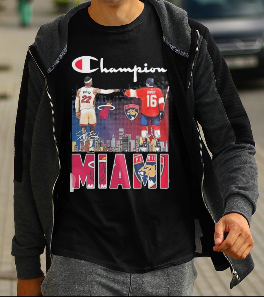 Champion Miami Skyline Signatures 22 Jimmy Butler 16 Aleksander Barkov Sports T-Shirt