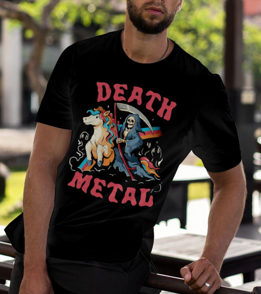 Death Metal Skull Riding Rainbow Unicorn T-Shirt