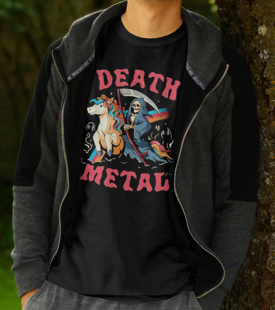 Death Metal Skull Riding Rainbow Unicorn T-Shirt