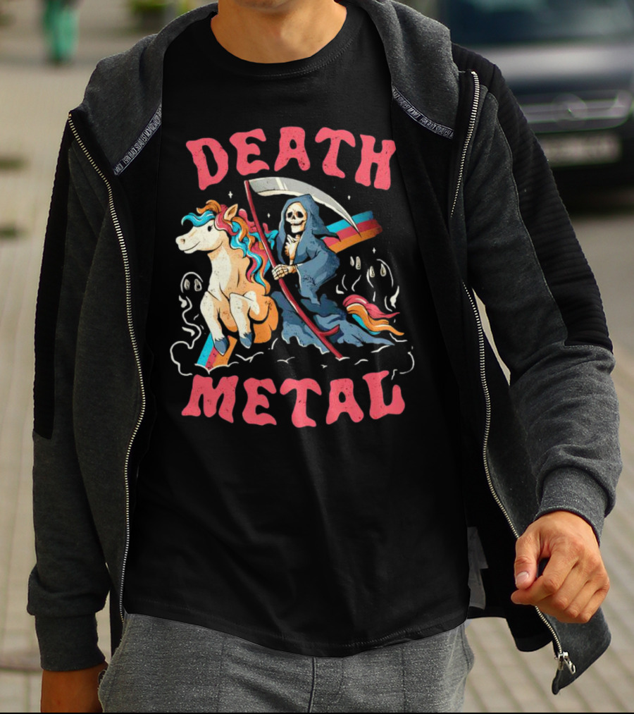 Death Metal Skull Riding Rainbow Unicorn T-Shirt
