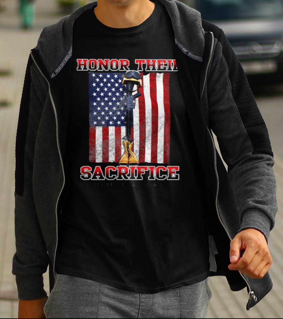 Honor Their Sacrifice Memorial Day American Flag Soldier Helmet Boot Rifle T-Shirt