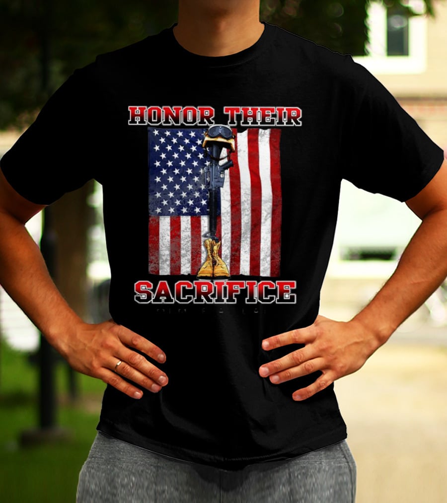 Honor Their Sacrifice Memorial Day American Flag Soldier Helmet Boot Rifle T-Shirt