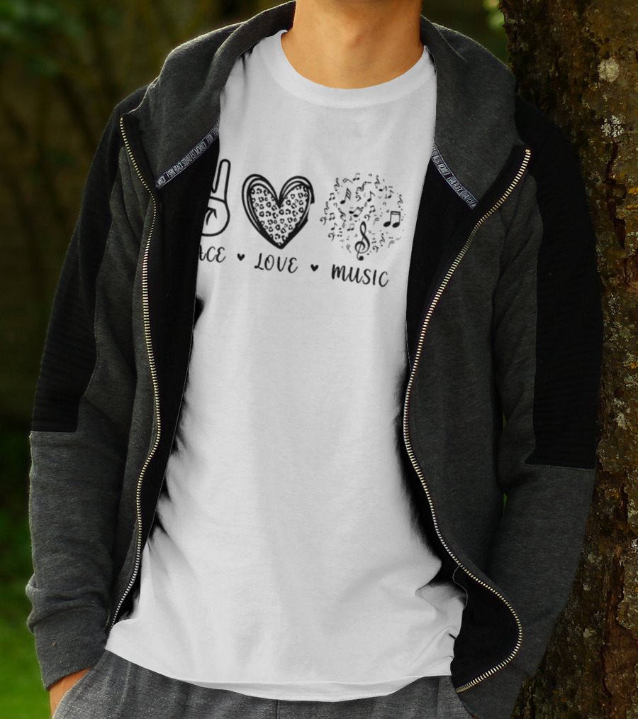 Peace Love Music Leopard Heart Musical Notes T-Shirt