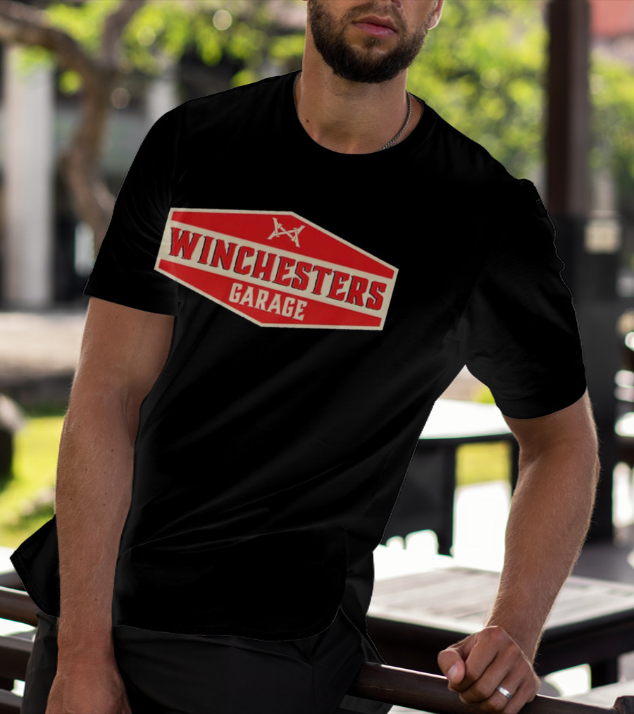 Winchester's Garage Red Hexagonal Shield With Crossed Wrenches T-Shirt
