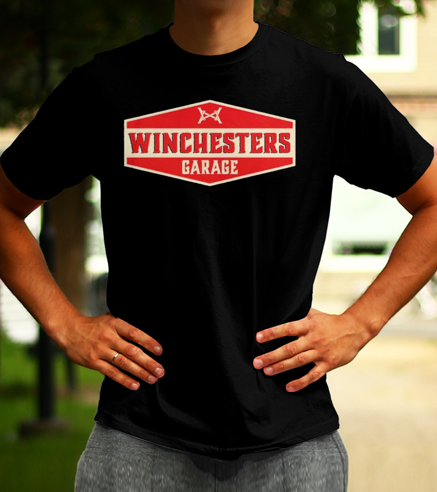 Winchester's Garage Red Hexagonal Shield With Crossed Wrenches T-Shirt