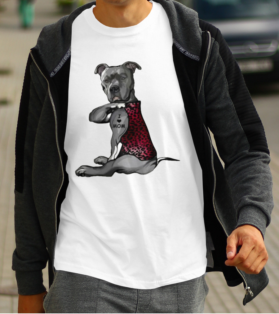 I Love Mom Dog Tattoo Red Leopard Print T-Shirt