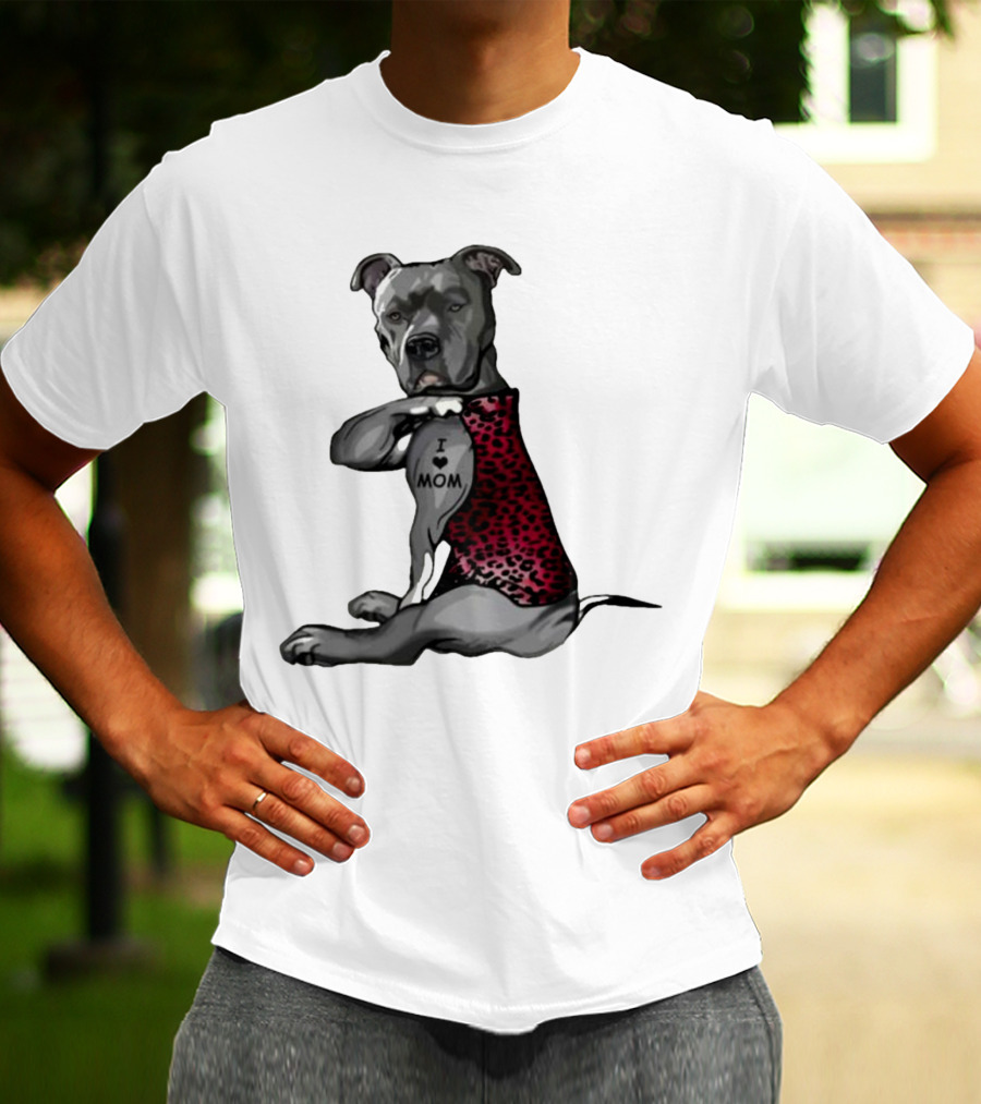 I Love Mom Dog Tattoo Red Leopard Print T-Shirt