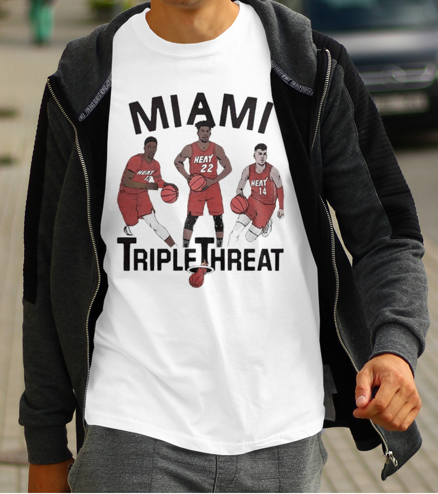 Miami Heat Bam Adebayo Jimmy Butler Tyler Herro Triple Threat T-Shirt