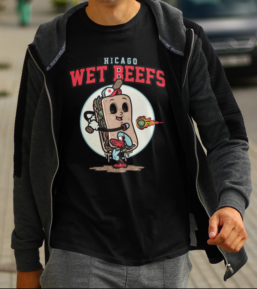 Chicago Wet Beefs Sandwich Character With Baseball Bat And Flaming Baseball T-Shirt
