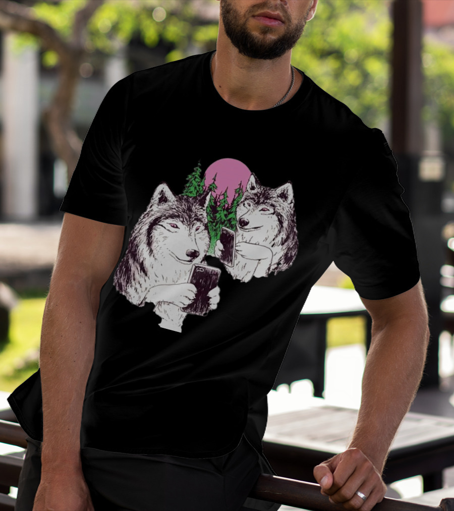 There Are Two Wolves Inside You Both On Smartphones Against A Pink Moon And Pine Trees T-Shirt