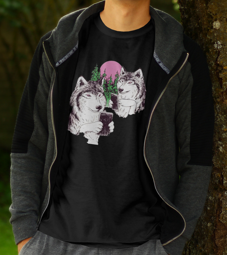 There Are Two Wolves Inside You Both On Smartphones Against A Pink Moon And Pine Trees T-Shirt