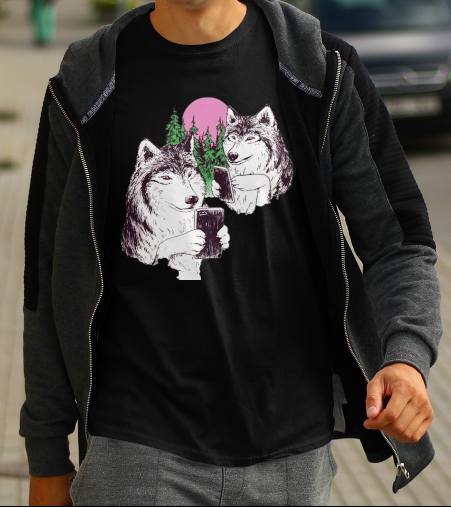 There Are Two Wolves Inside You Both On Smartphones Against A Pink Moon And Pine Trees T-Shirt