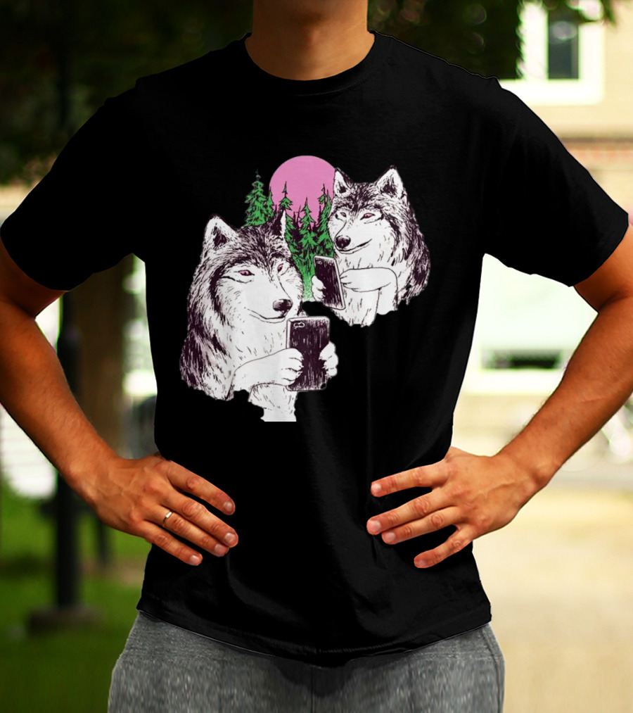 There Are Two Wolves Inside You Both On Smartphones Against A Pink Moon And Pine Trees T-Shirt