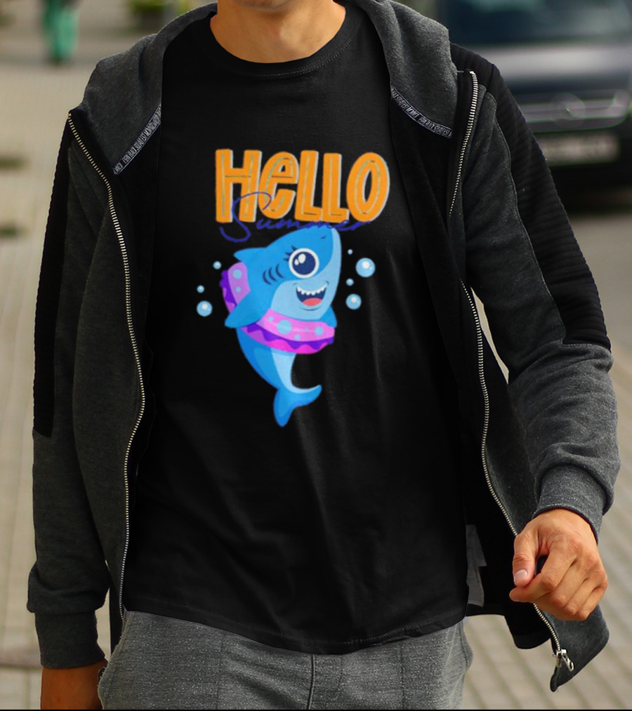 Hello Summer Shark With Swim Ring And Bubbles T-Shirt