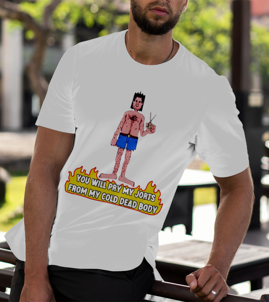 You Will Pry My Jorts From My Cold Dead Body Cartoon Character Holding Scissors In Flames T-Shirt