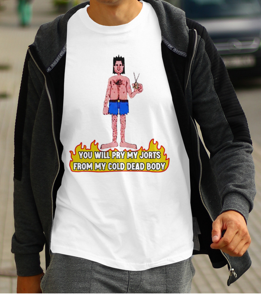 You Will Pry My Jorts From My Cold Dead Body Cartoon Character Holding Scissors In Flames T-Shirt