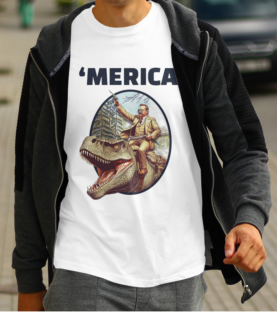Theodore Roosevelt Riding Dinosaur ‘Merica Patriotic Adventure Scene T-Shirt