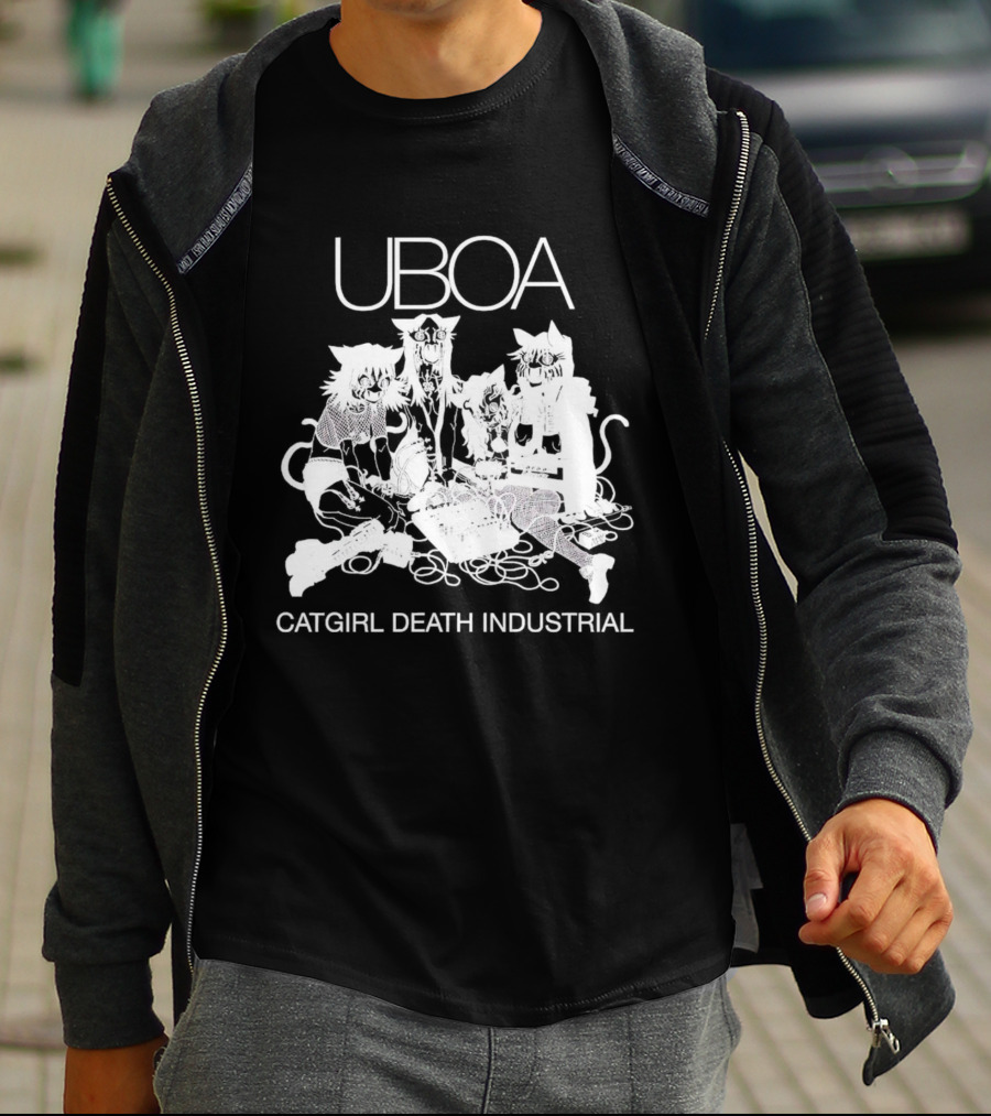 UBOA Catgirl Death Industrial White Text And Figures T-Shirt