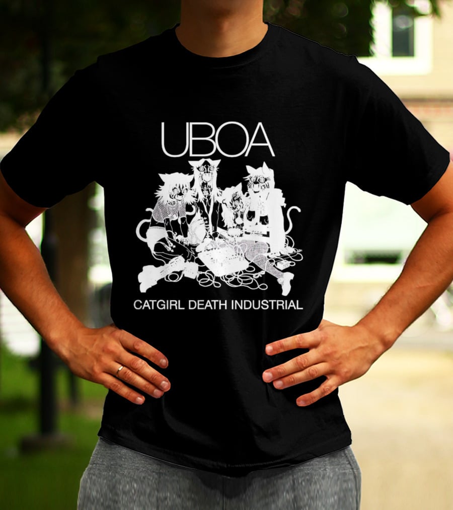 UBOA Catgirl Death Industrial White Text And Figures T-Shirt