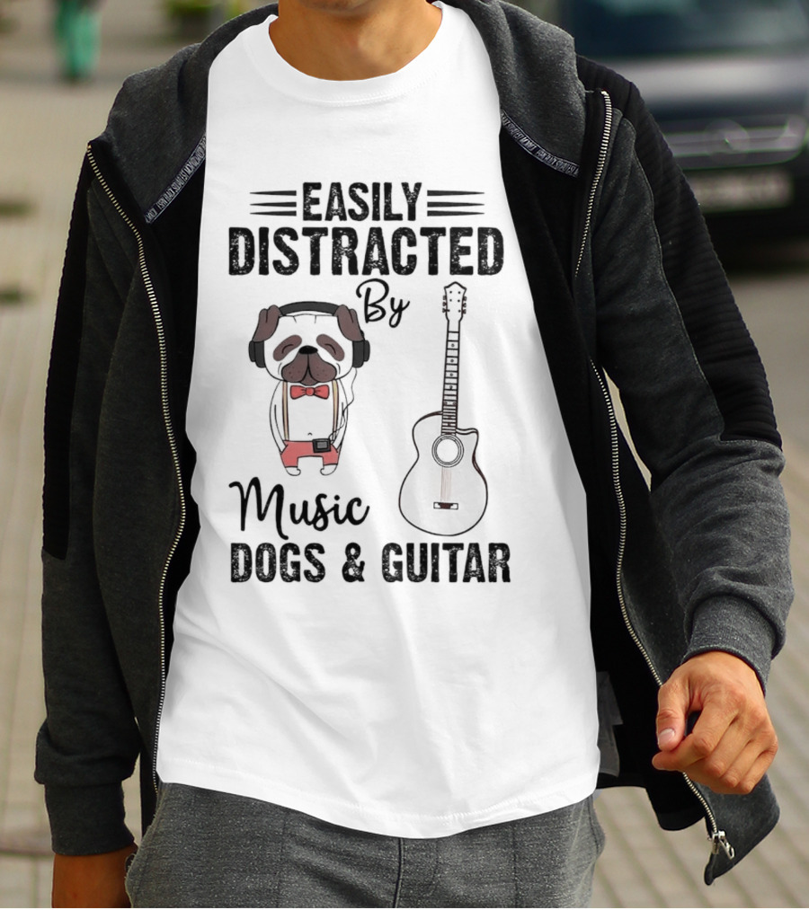 Easily Distracted By Music Dogs And Guitar T-Shirt