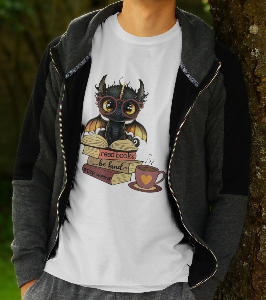 Cute Dragon Read Books Be Kind Stay Weird Coffee Lover T-Shirt